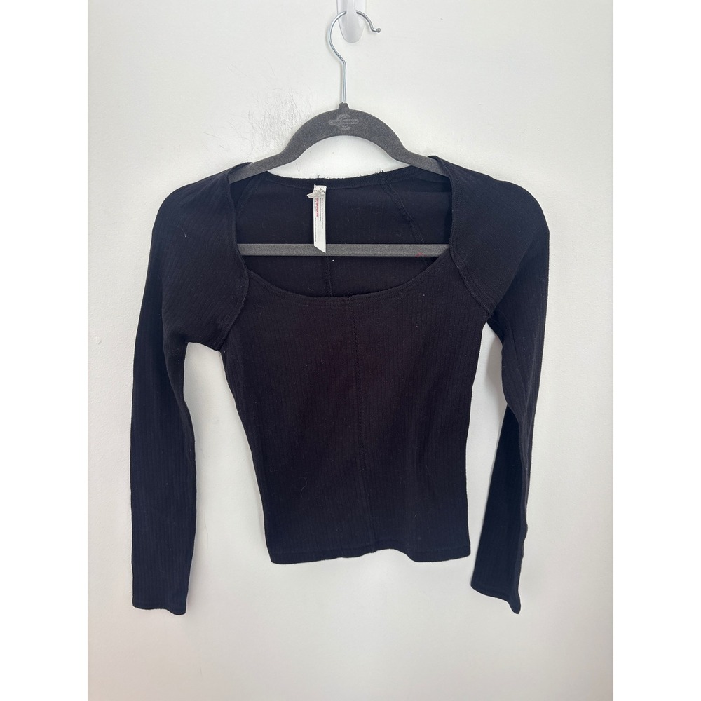 Free People‎ Intimately Black Square Neck Ribbed Long Sleeve Top XS Seam Detail